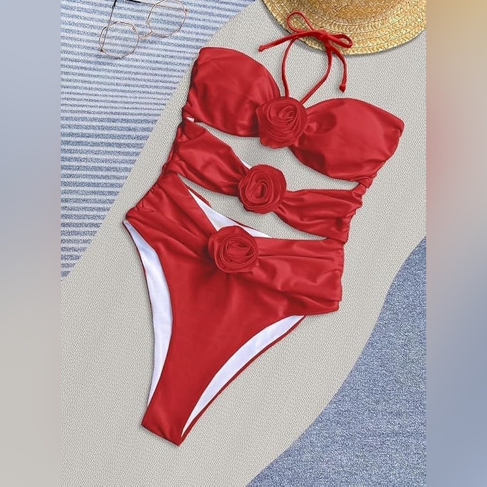 OYOANGLE Red Halter Neck 3D Floral Cut‎ Out Sexy One Piece Swimsuit NWOT Large